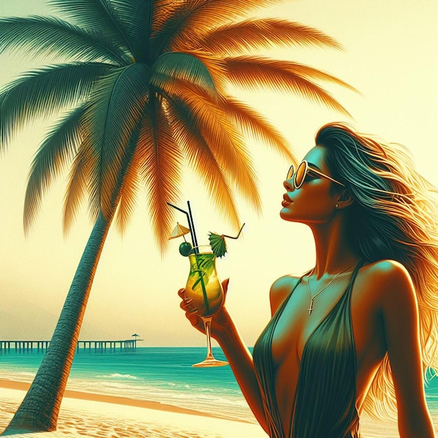 PSD hyper realisitc vector art coconut palmtree beach scene caribbean sunset backdrop wallpaper pic