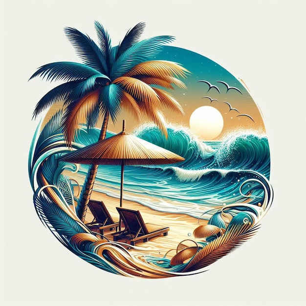 PSD hyper realisitc vector art coconut palmtree beach scene caribbean sunset backdrop wallpaper pic