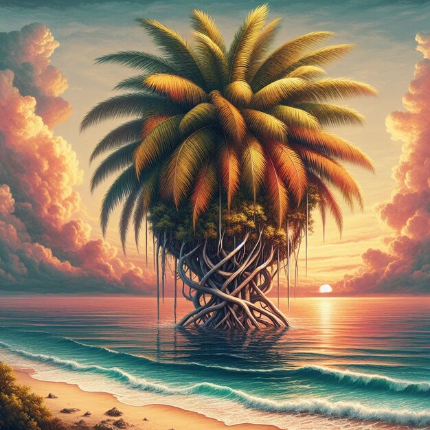 Hyper realisitc vector art coconut palmtree beach scene caribbean sunset backdrop wallpaper pic