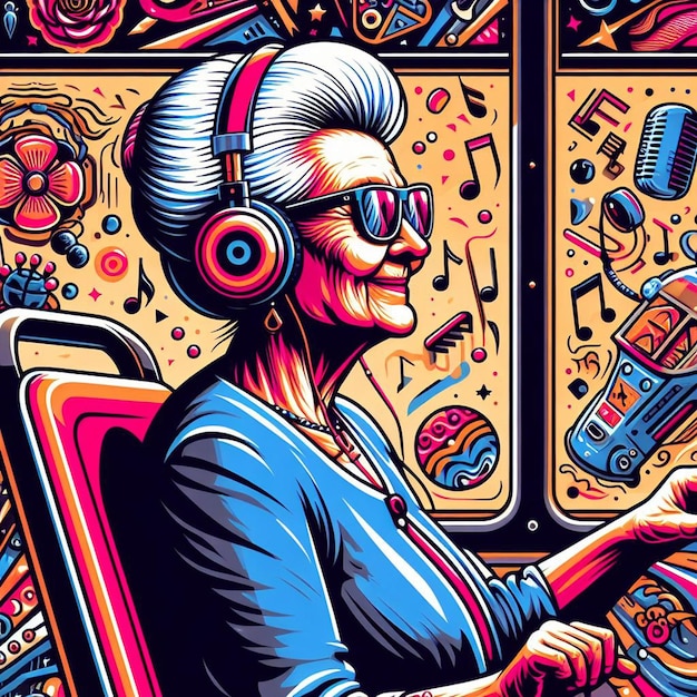 PSD hyper realisitc vector art colorful happy laughing grandma listening music bus dancing tattoo