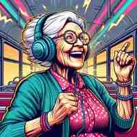 PSD hyper realisitc vector art colorato felice ridendo nonna ascoltando musica autobus ballando tatuaggio