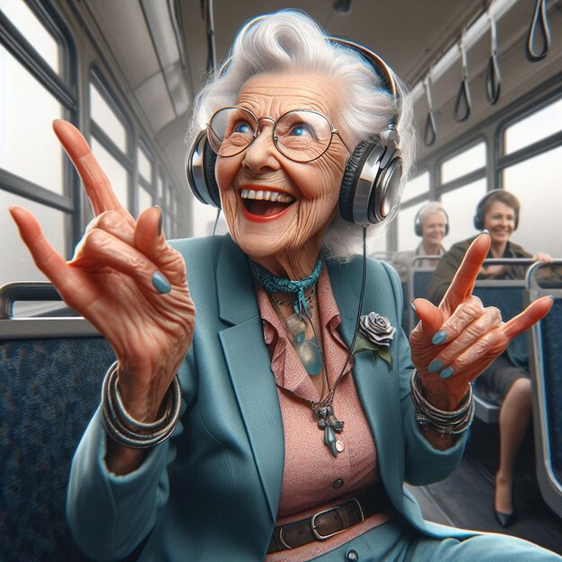 Hyper realisitc vector art colorful happy laughing grandma listening music bus dancing tattoo