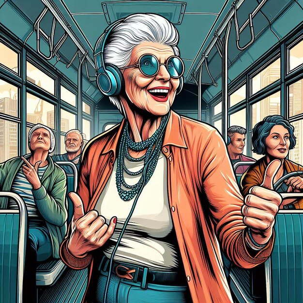 PSD ハイパーリアリズム ベクトルアート カラフルな 笑うおばあさん 音楽を聴く バスで踊るタトゥー