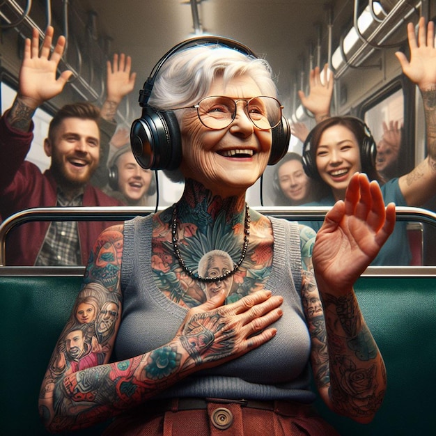 PSD hyper realisitc vector art colorful happy laughing grandma listening music bus dancing tattoo