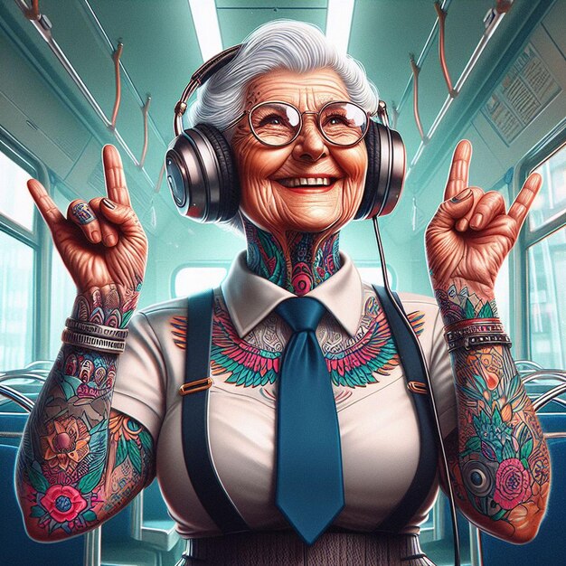 PSD hyper realisitc vector art colorful happy laughing grandma listening music bus dancing tattoo