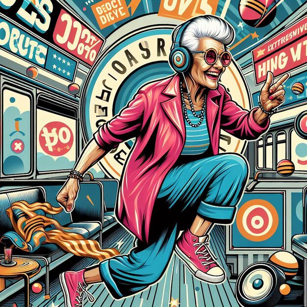 PSD hyper realisitc vector art colorato felice ridendo nonna ascoltando musica autobus ballando tatuaggio