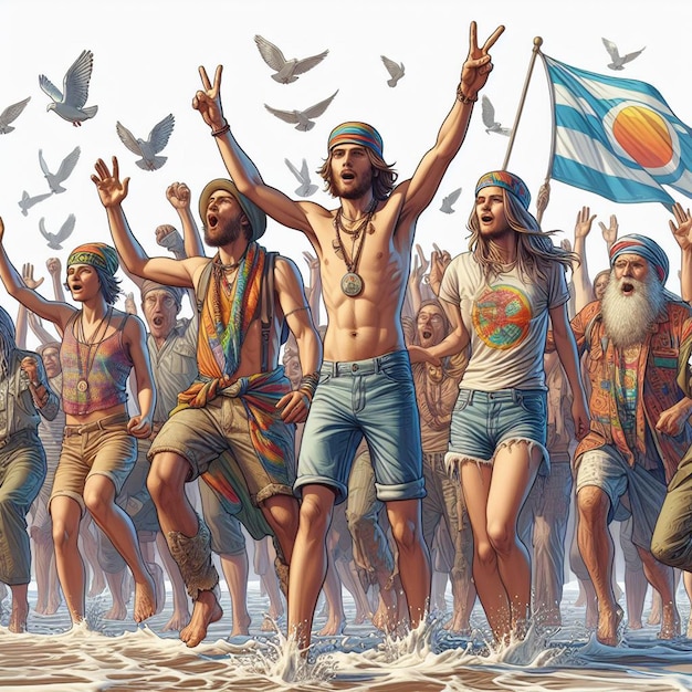 Hyper realisitc vector art colorato felice ridendo hippie pacifico gruppo di danza tatuaggio di pace