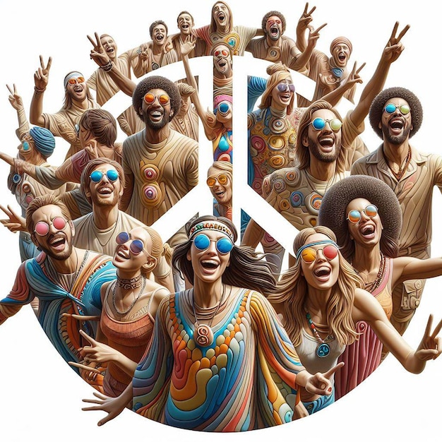 PSD hyper realisitc vector art colorato felice ridendo hippie pacifico gruppo di danza tatuaggio di pace