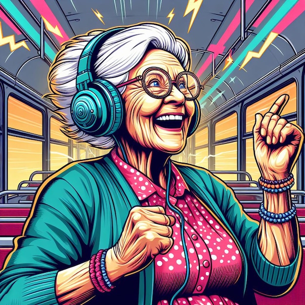 PSD hyper realisitc vector art kleurrijke gelukkige lachende grootmoeder luistert naar muziek bus dansende tatoeage