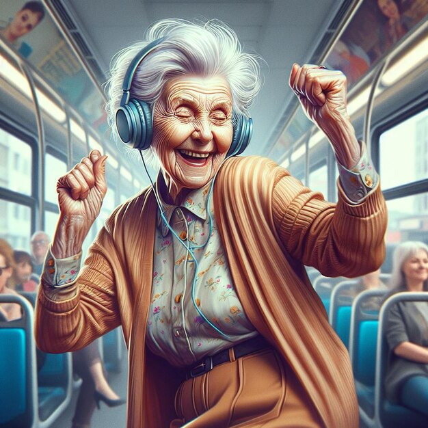 PSD hyper realisitc vector art kleurrijke gelukkige lachende grootmoeder luistert naar muziek bus dansende tatoeage