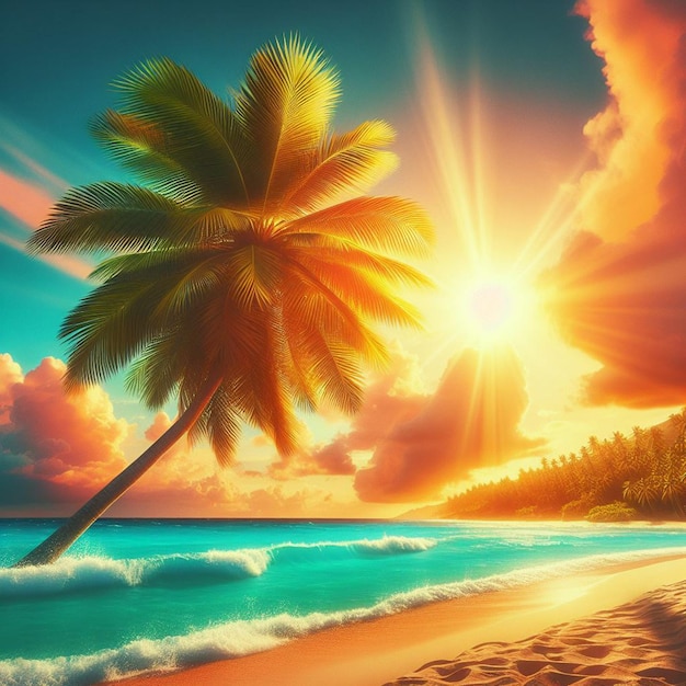 Hyper Realisitc Vector Art Kokosowa Palma Plaża Scena Karaibski Zachód Słońca Tło Tapeta Pic