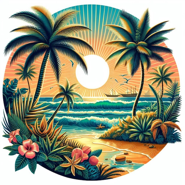 PSD hyper realisitc vector art kokospalmbomen strandscène caribische zonsondergang achtergrond behang foto