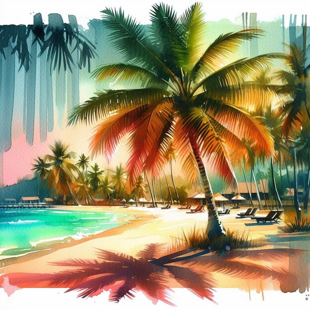 PSD hyper realisitc vector art kokospalmbomen strandscène caribische zonsondergang achtergrond behang foto