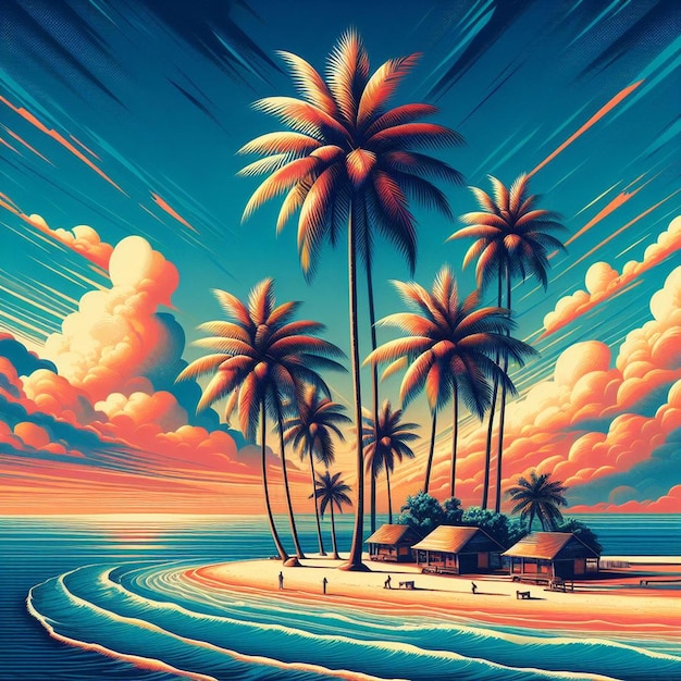 Hyper realisitc vector art kokospalmbomen strandscène caribische zonsondergang achtergrond behang foto