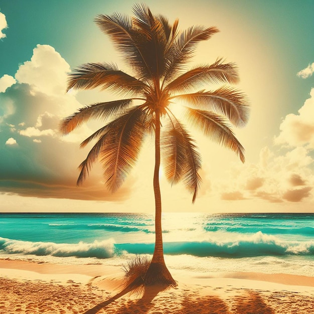 PSD hyper realisitc vector art kokospalmbomen strandscène caribische zonsondergang achtergrond behang foto