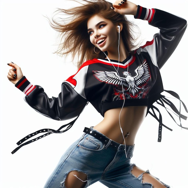 PSD hyper realisitc vector art young trendy fashion punk laughing dancing girl isolated white backdrop