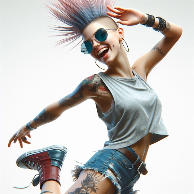 PSD hyper realisitc vector art young trendy fashion punk laughing dancing girl isolated white backdrop