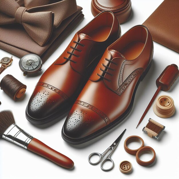 PSD hyper realisitic vector art male brown leather handcrafted shoes isolated white backdrop mockup