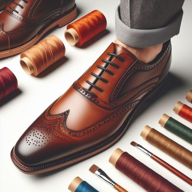 PSD 超現実的なベクトルアート 男性の茶色の革の手作りの靴 隔離された白い背景のモックアップ