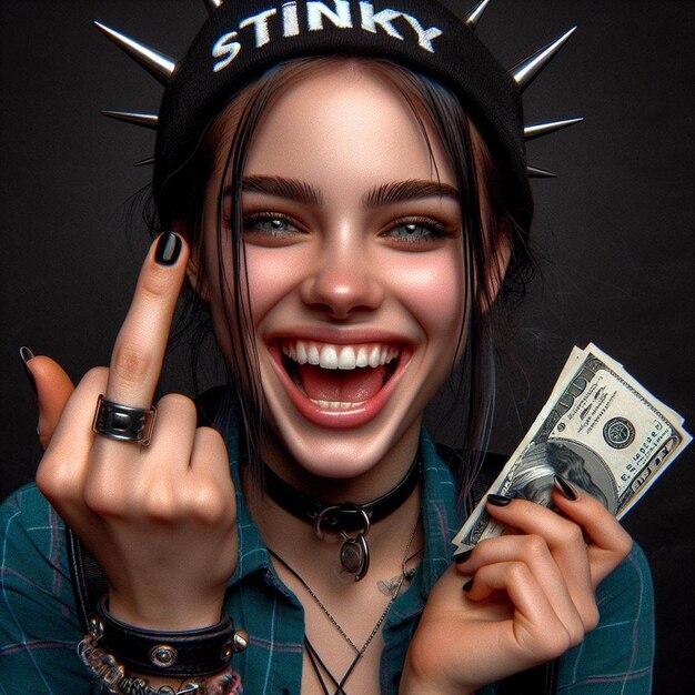 Hyper realisitic vector art nasty laughing smiling lucky female woman shows stinky middle finger