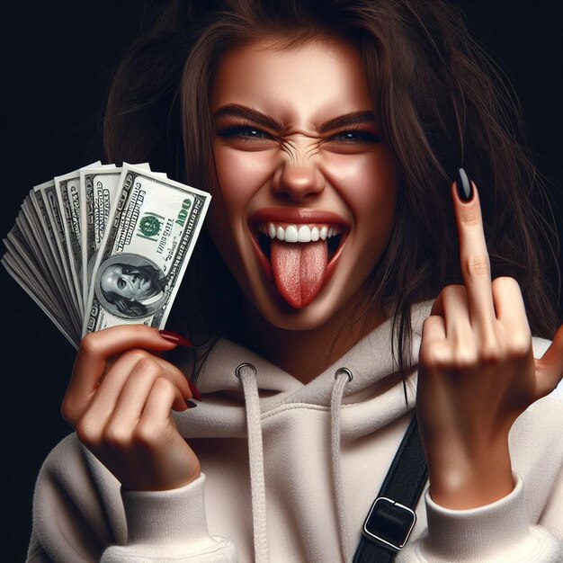 PSD hyper realisitic vector art nasty laughing smiling lucky female woman shows stinky middle finger