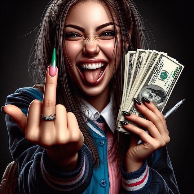 PSD hyperrealistico vector art riso cattivo sorridente fortunato femmina donna mostra il dito medio puzzolente