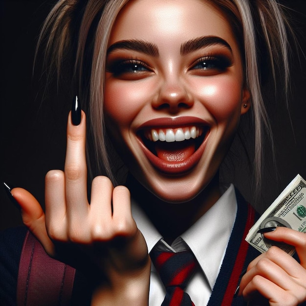 PSD hyper realisitic vector art nasty laughing smiling lucky female woman shows stinky middle finger
