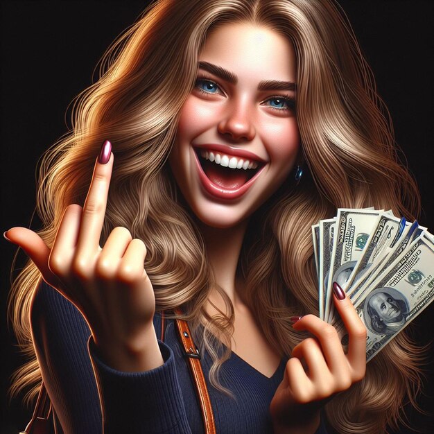 PSD hyper realisitic vector art nasty laughing smiling lucky female woman shows stinky middle finger