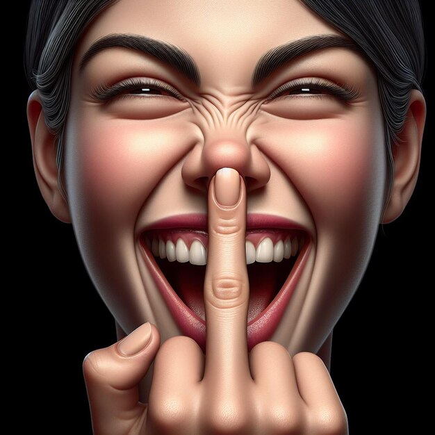 PSD hyperrealistico vector art riso cattivo sorridente fortunato femmina donna mostra il dito medio puzzolente
