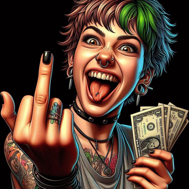 PSD hyper realisitic vector art nasty laughing smiling lucky female woman shows stinky middle finger