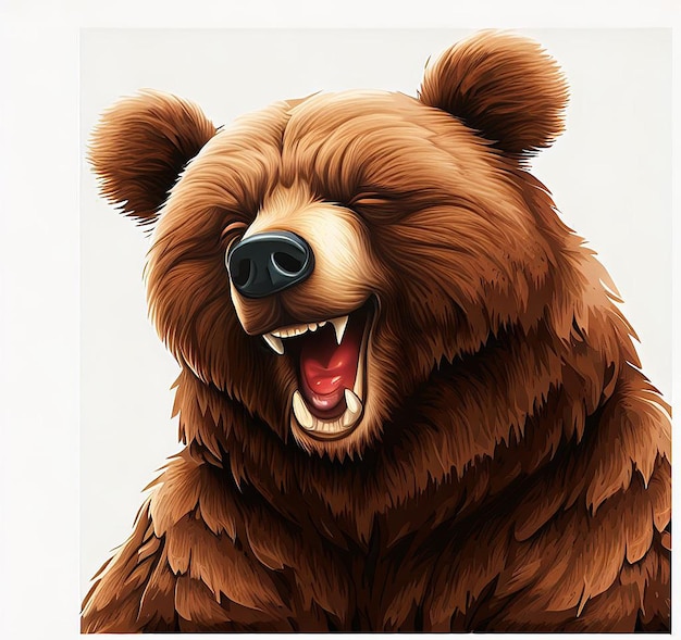PSD hyper realistic comic drawing illustration of a laughing brown bear isolated on white background