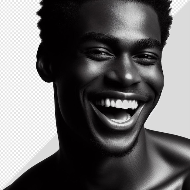 PSD illustrazione iperrealistica di un modello maschio afro che ride posando su uno sfondo trasparente isolato