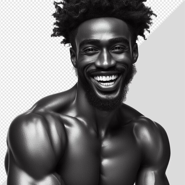 PSD illustrazione iperrealistica di un modello maschio afro che ride posando su uno sfondo trasparente isolato