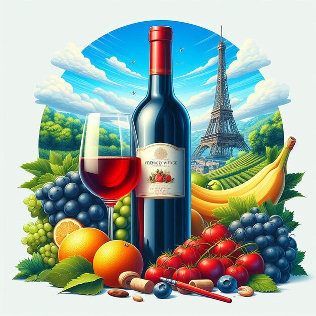 PSD hyper realistic isolated bottle french red wine still pic portrait vector art emoji illustration