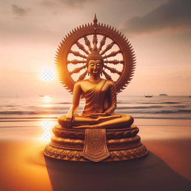 PSD hyper realistic portait image majestic colorful holy golden buddha statue at the beach background