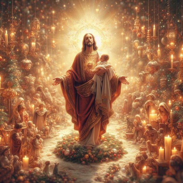 PSD hyper realistic portrait of holy sacred beloved jesus statue and face with vibrant background lights