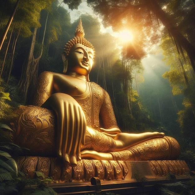 PSD hyper realistic portrait of holy sacred golden buddha sculpture in the vibrant jungle background