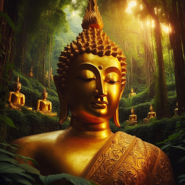 Ritratto iperrealistico della sacra scultura d'oro del buddha sullo sfondo vibrante della giungla.