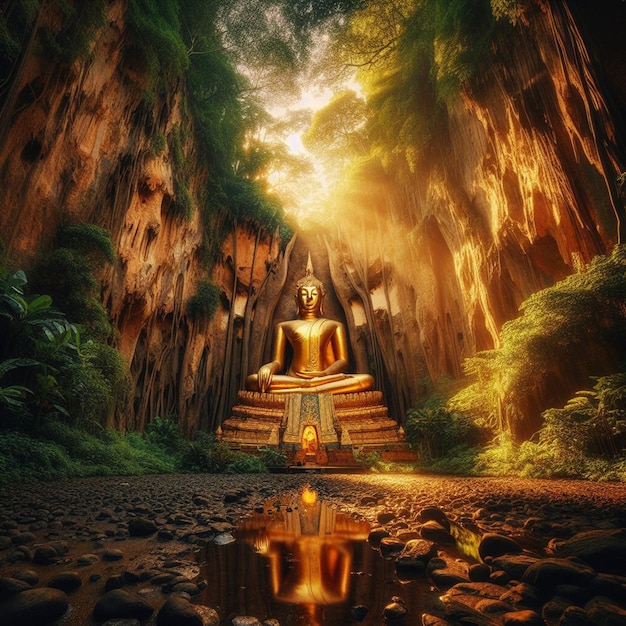 PSD ritratto iperrealistico della sacra scultura d'oro del buddha sullo sfondo vibrante della giungla
