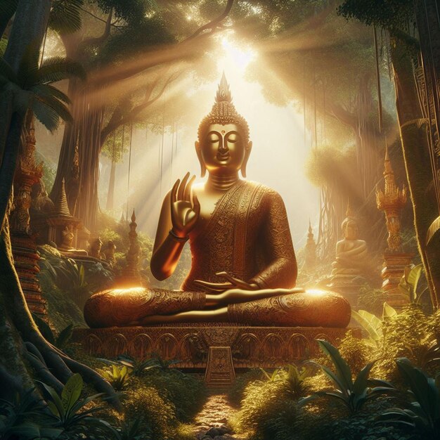 Hyper realistic portrait of holy sacred golden buddha sculpture in the vibrant jungle background