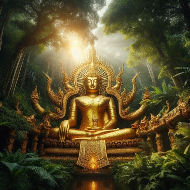 PSD hyper realistic portrait of holy sacred golden buddha sculpture in the vibrant jungle background