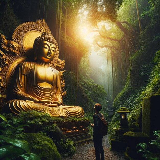 Hyper realistic portrait of holy sacred golden buddha sculpture in the vibrant jungle background