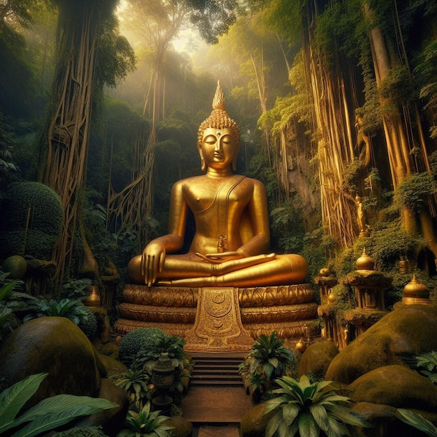 PSD hyper realistic portrait of holy sacred golden buddha sculpture in the vibrant jungle background