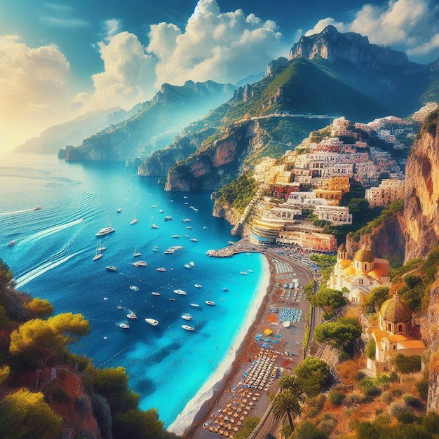 Hyper realistic portrait landscape holiday amalfi coast sunset view beach sun recreation coastal roa