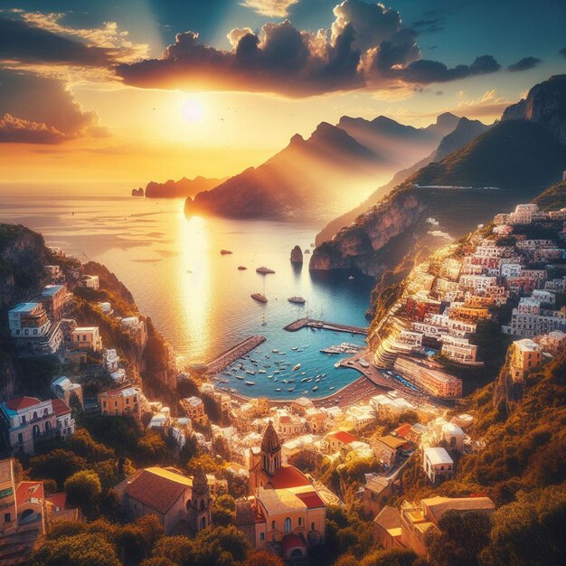 Ritratto paesaggistico iperrealista vacanze costiera di amalfi vista del tramonto spiaggia sole ricreazione costiera roa