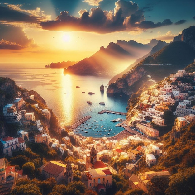 Hyper realistic portrait landscape holiday amalfi coast sunset view beach sun recreation coastal roa