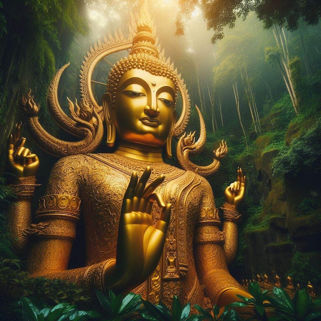 PSD ハイパーリアリズムな肖像画 聖なる黄金の仏像 活気のあるジャングルの背景で