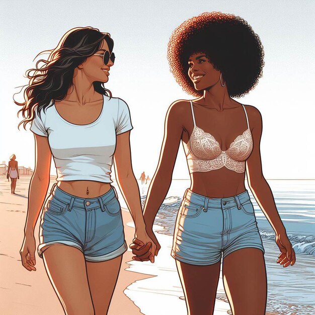 PSD hyper realistic vector art 2 girls donne felici diversità etnica vanno mano nella mano amici al tramonto sulla spiaggia