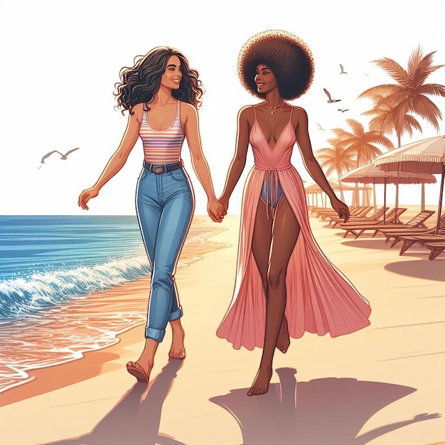 Hyper realistic vector art 2 girls women happy diversity ethnic go hand in hand beach sunset friends