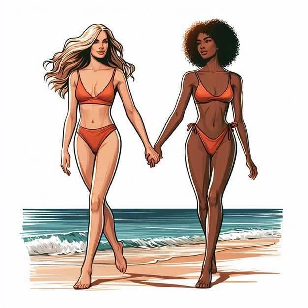 PSD hyper realistic vector art 2 girls donne felici diversità etnica vanno mano nella mano amici al tramonto sulla spiaggia